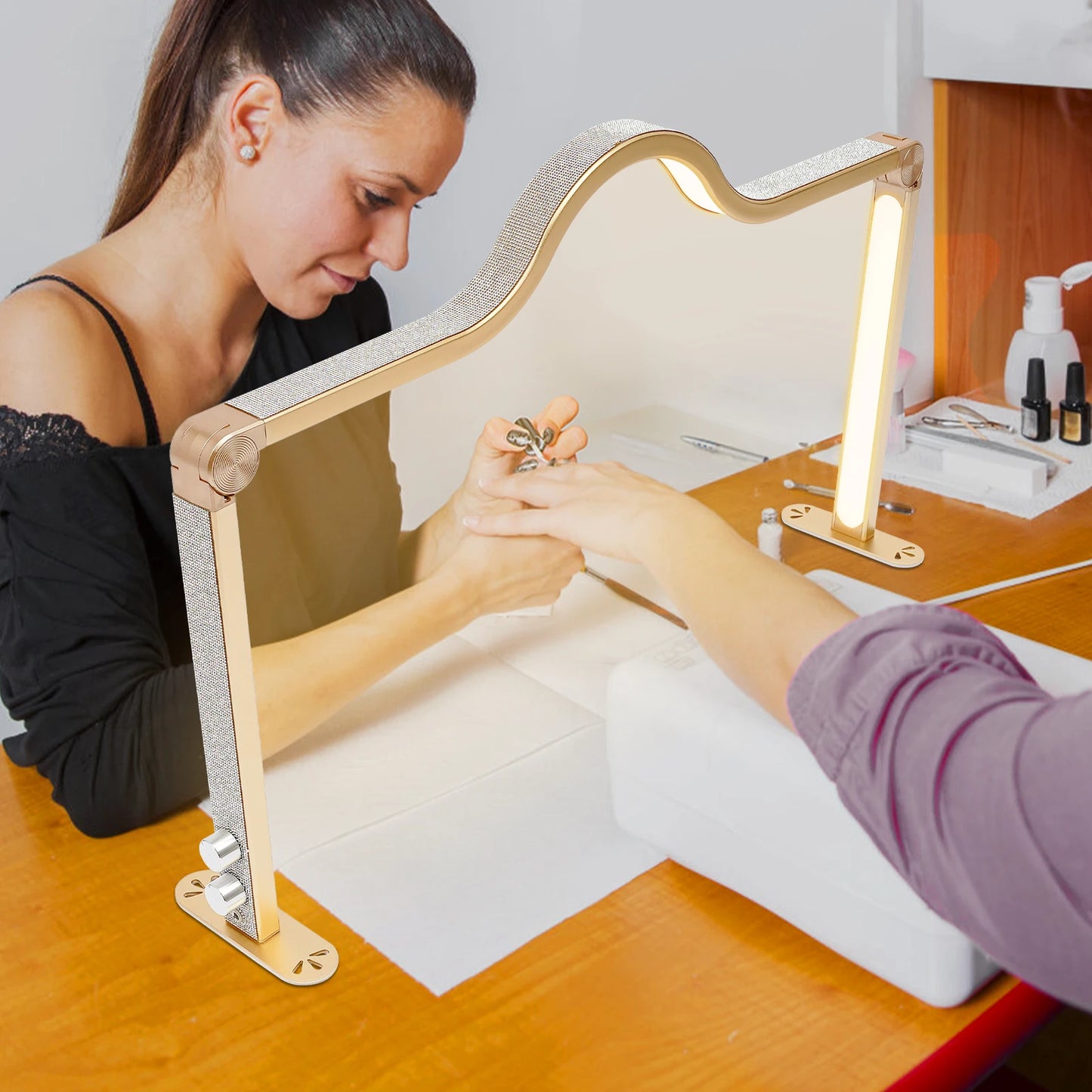 48W Foldable LED Nail Tech Light Adjustable Brightness&Color Temp (3000K-6000K), Gold Diamond-Decor Table Lamp