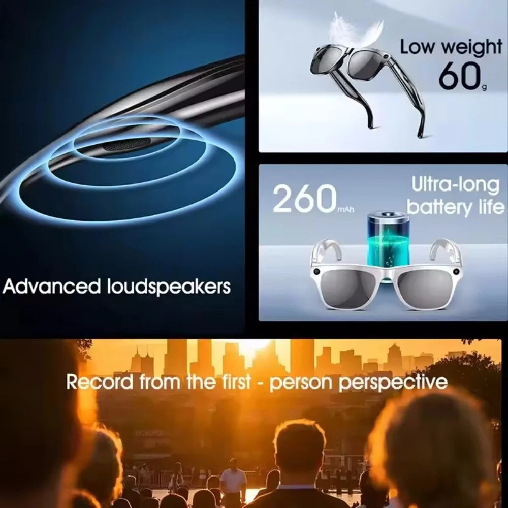 AI Smart Glasses With Camera Bluetooth Call Voice Assistant Control Navigation Waterproof Smart Sports Wearable Camera Glasses