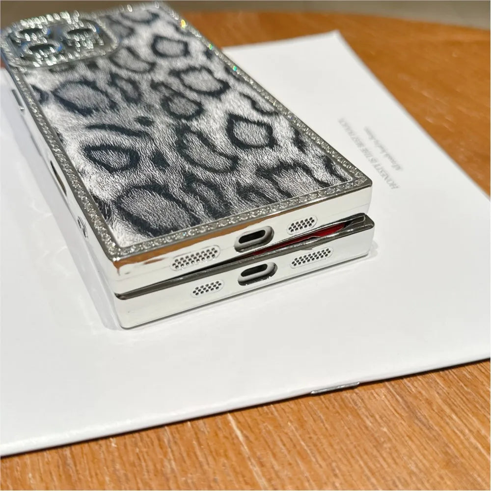 Luxury Diamond Leopard Print Pattern Phone Case For iPhone 16 15 14 13 Pro Max Plus Camera Protection Plating Shockproof Cover