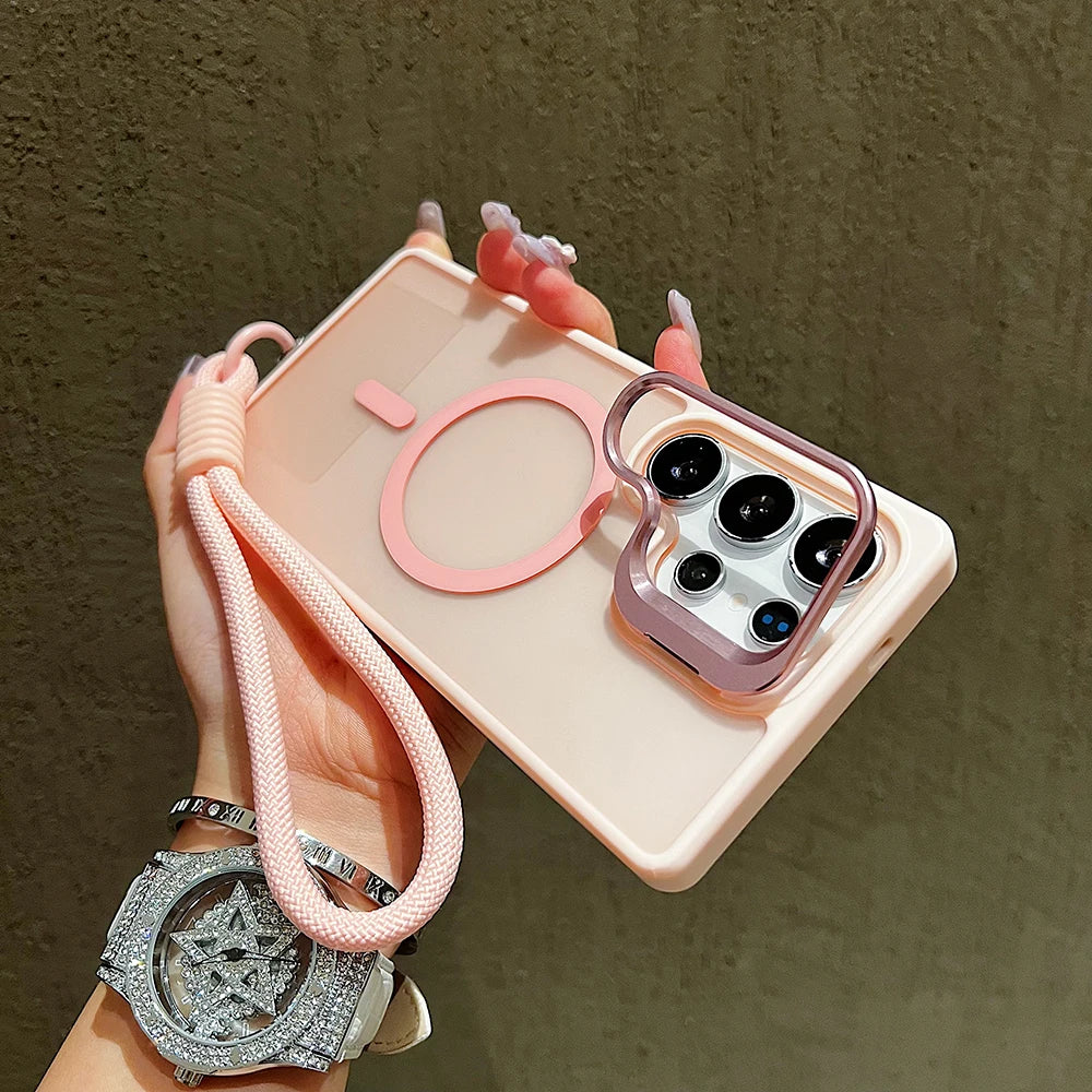 Metal Stand Camera Protector Phone Case For Samsung S25 Ultra S24 Plus S23 FE A56 A16 A36 For Magsafe Magnetic Wrist Strap Cover