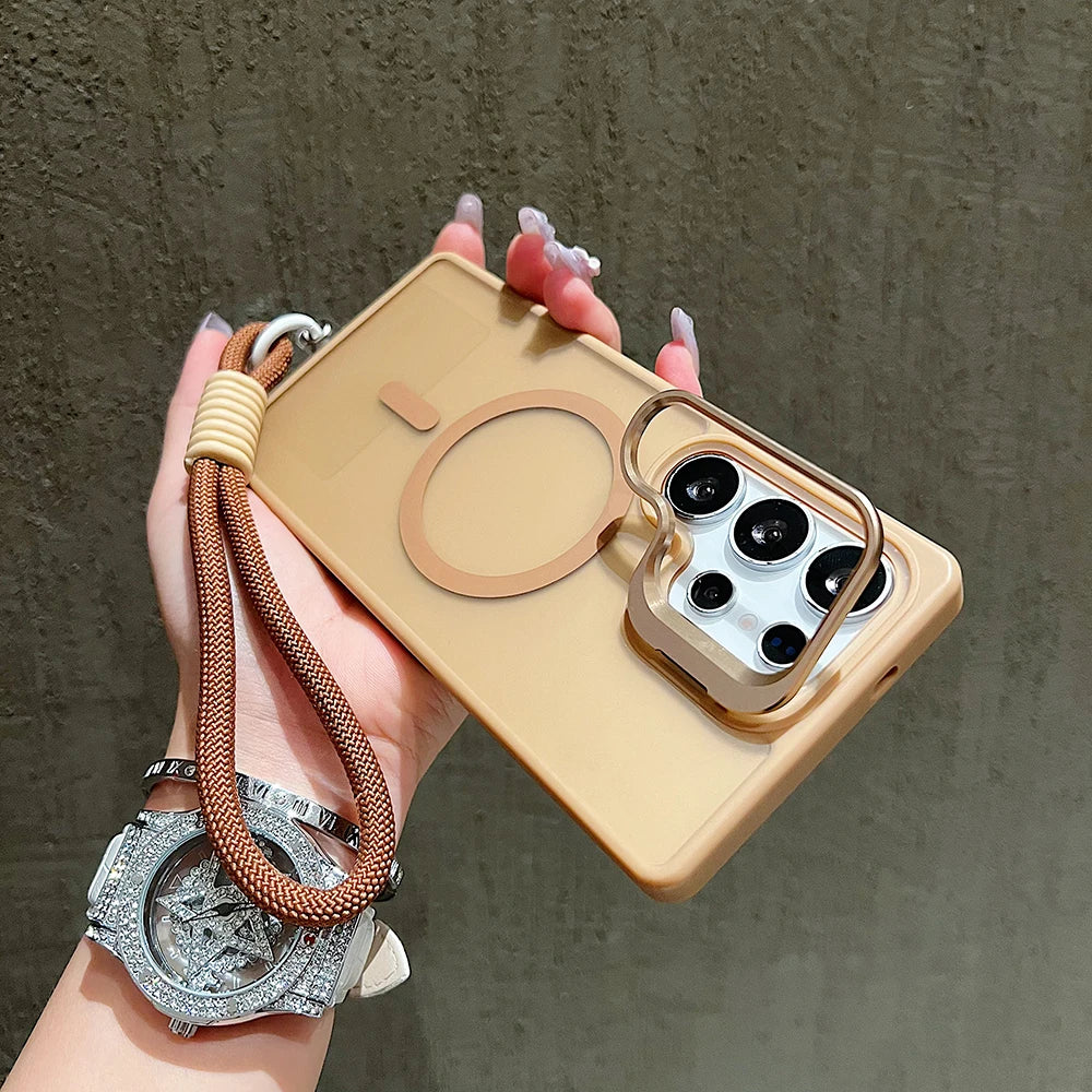 Metal Stand Camera Protector Phone Case For Samsung S25 Ultra S24 Plus S23 FE A56 A16 A36 For Magsafe Magnetic Wrist Strap Cover