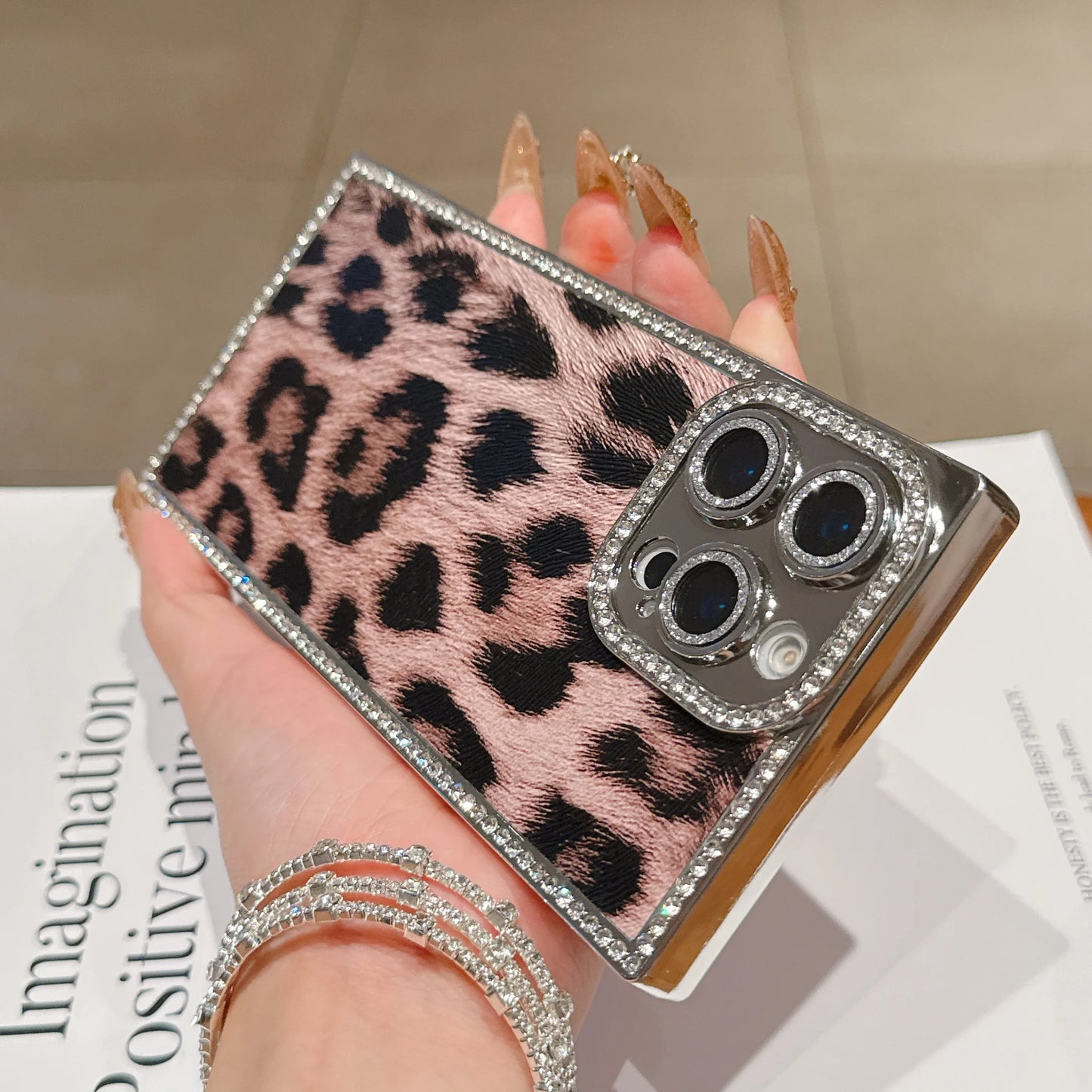 Luxury Diamond Leopard Print Pattern Phone Case For iPhone 16 15 14 13 Pro Max Plus Camera Protection Plating Shockproof Cover