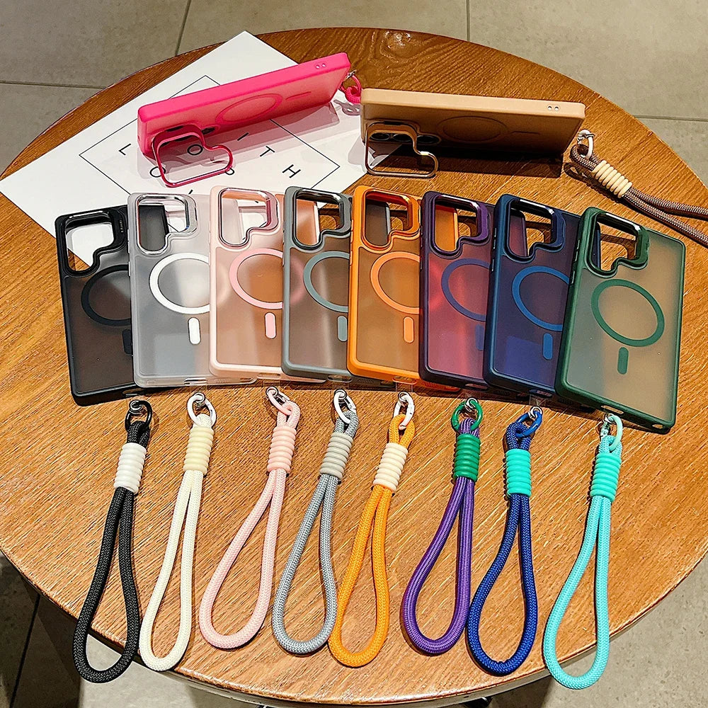 Metal Stand Camera Protector Phone Case For Samsung S25 Ultra S24 Plus S23 FE A56 A16 A36 For Magsafe Magnetic Wrist Strap Cover