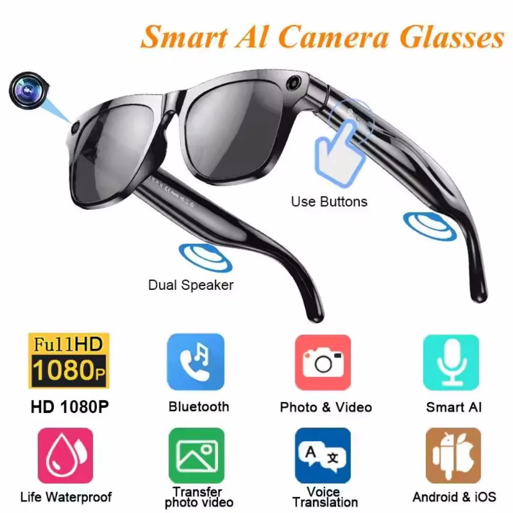 AI Smart Glasses With Camera Bluetooth Call Voice Assistant Control Navigation Waterproof Smart Sports Wearable Camera Glasses