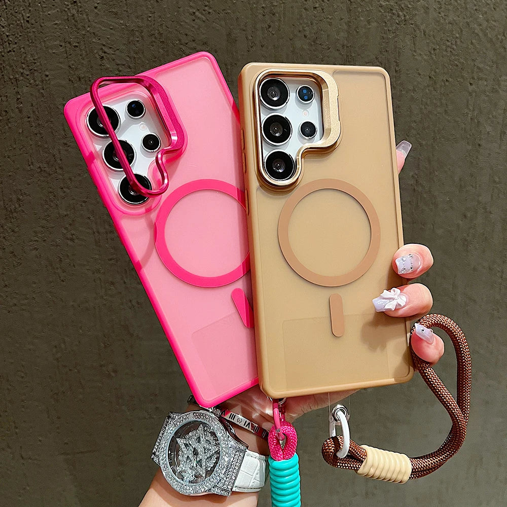 Metal Stand Camera Protector Phone Case For Samsung S25 Ultra S24 Plus S23 FE A56 A16 A36 For Magsafe Magnetic Wrist Strap Cover