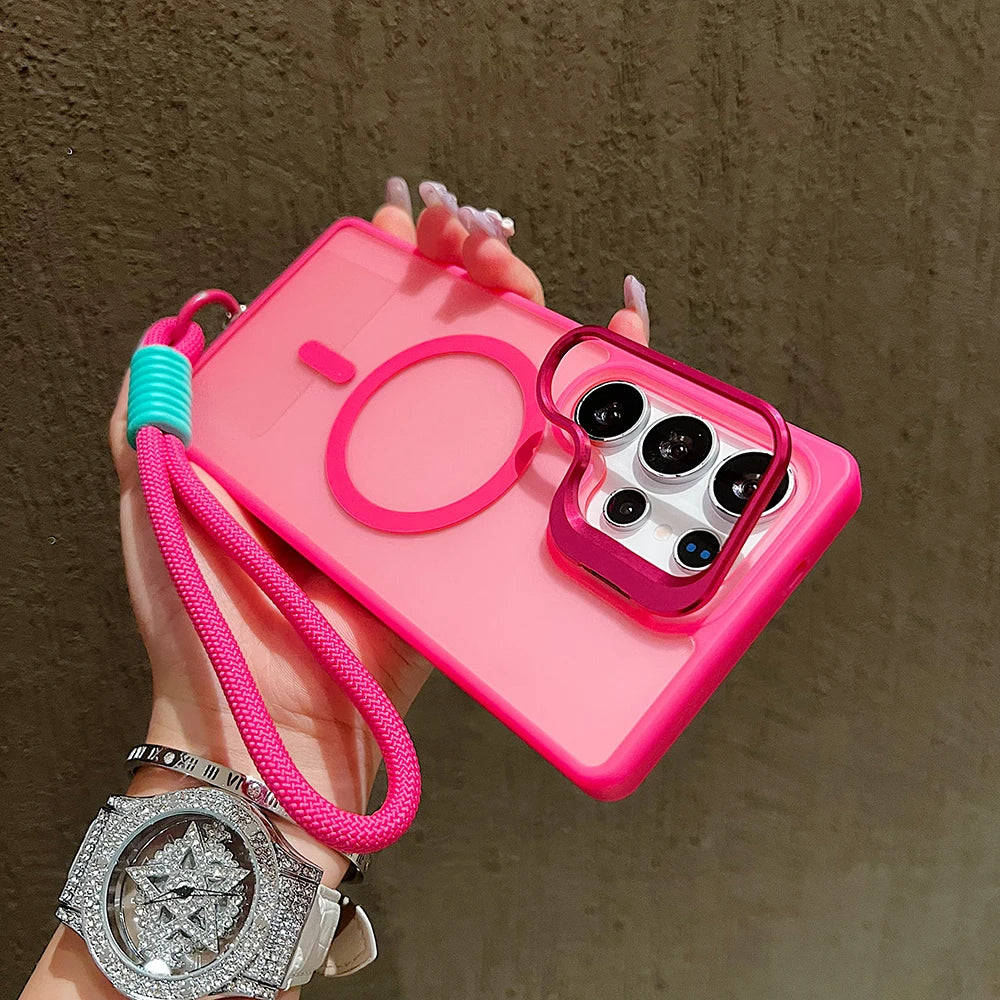Metal Stand Camera Protector Phone Case For Samsung S25 Ultra S24 Plus S23 FE A56 A16 A36 For Magsafe Magnetic Wrist Strap Cover