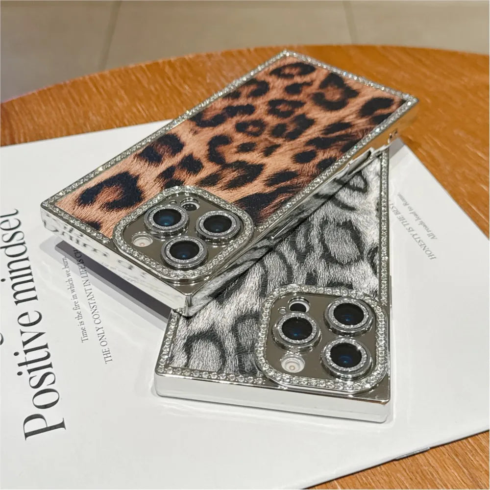 Luxury Diamond Leopard Print Pattern Phone Case For iPhone 16 15 14 13 Pro Max Plus Camera Protection Plating Shockproof Cover
