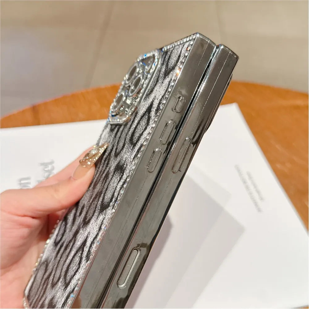 Luxury Diamond Leopard Print Pattern Phone Case For iPhone 16 15 14 13 Pro Max Plus Camera Protection Plating Shockproof Cover