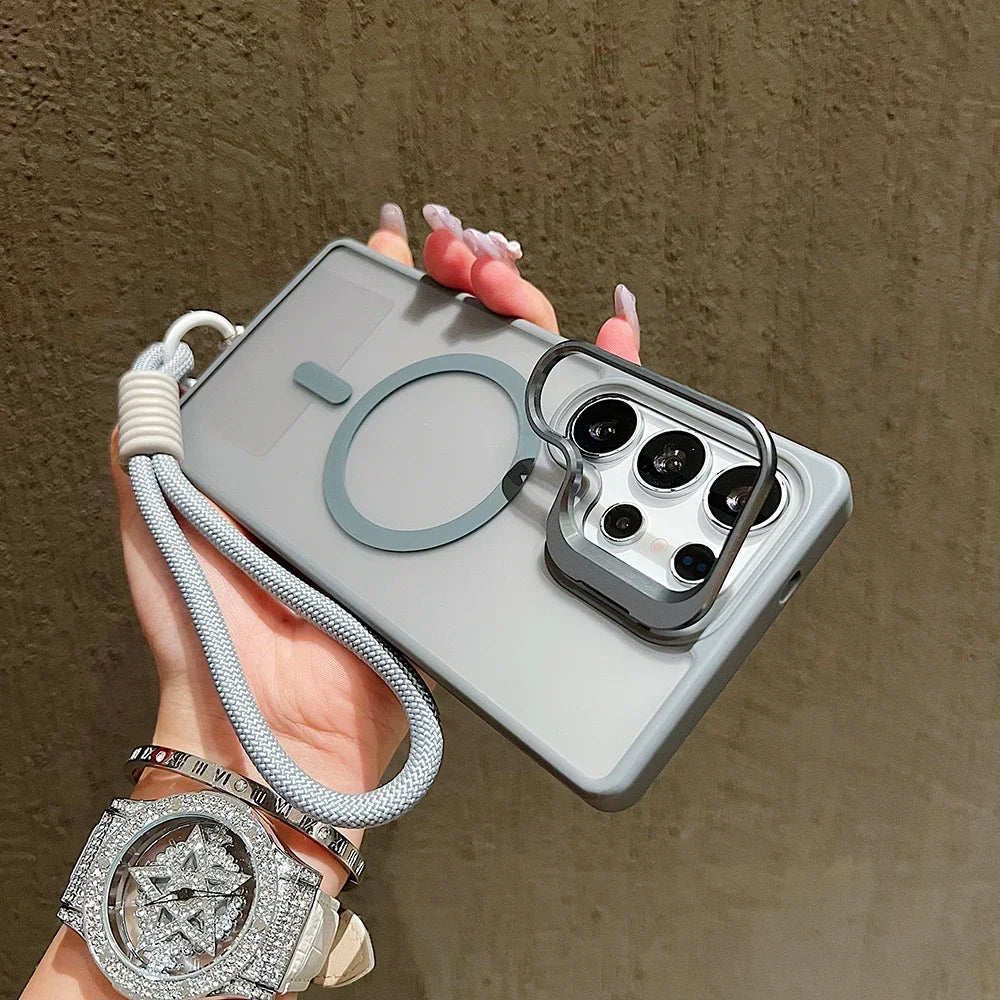 Metal Stand Camera Protector Phone Case For Samsung S25 Ultra S24 Plus S23 FE A56 A16 A36 For Magsafe Magnetic Wrist Strap Cover
