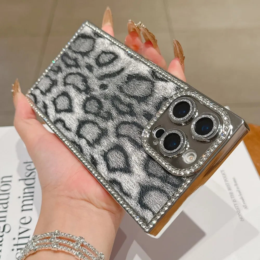 Luxury Diamond Leopard Print Pattern Phone Case For iPhone 16 15 14 13 Pro Max Plus Camera Protection Plating Shockproof Cover