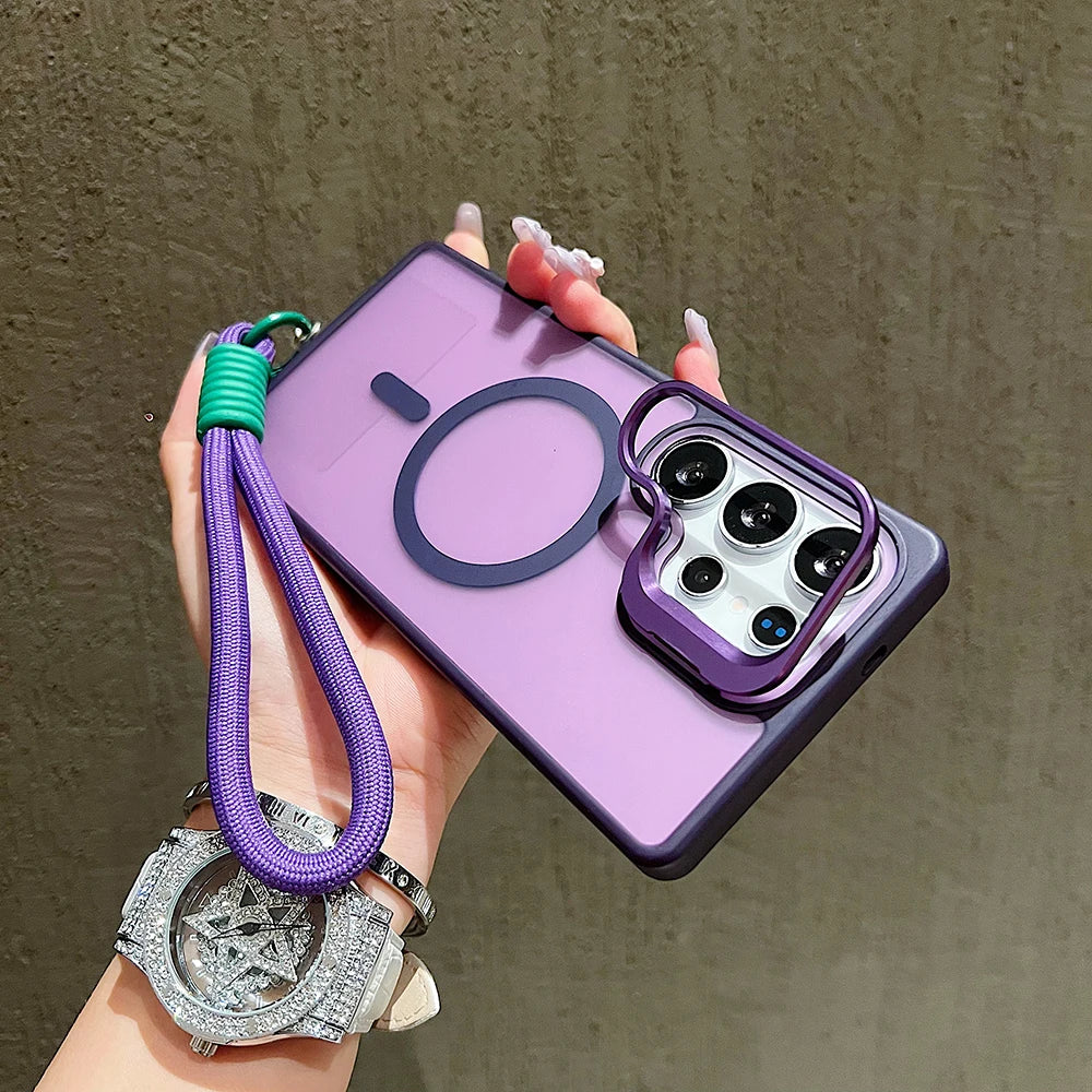Metal Stand Camera Protector Phone Case For Samsung S25 Ultra S24 Plus S23 FE A56 A16 A36 For Magsafe Magnetic Wrist Strap Cover