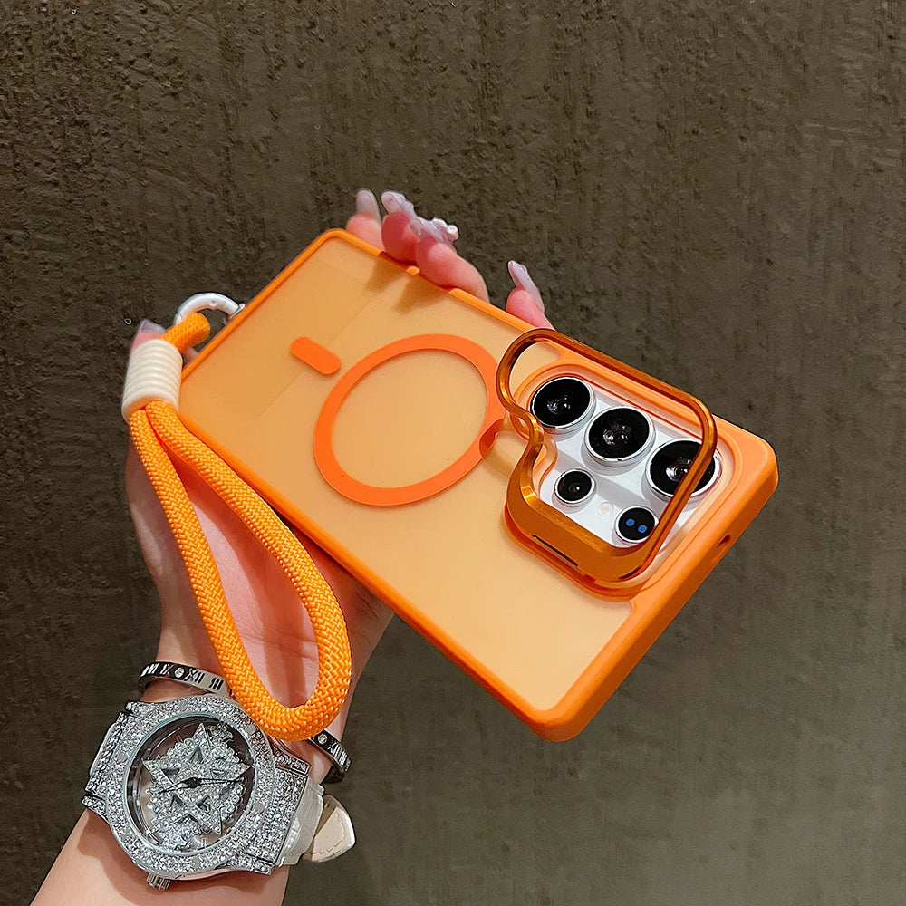 Metal Stand Camera Protector Phone Case For Samsung S25 Ultra S24 Plus S23 FE A56 A16 A36 For Magsafe Magnetic Wrist Strap Cover