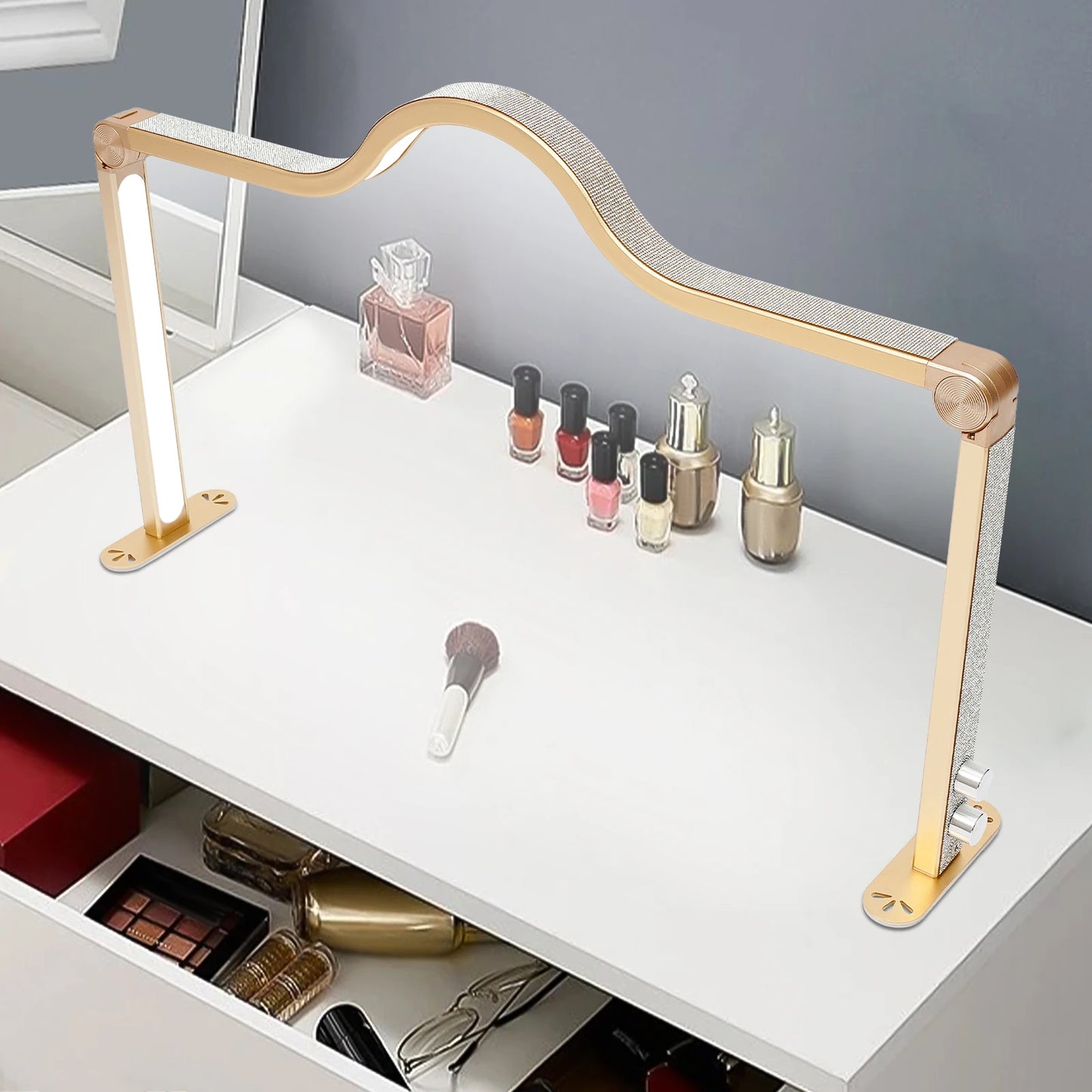48W Foldable LED Nail Tech Light Adjustable Brightness&Color Temp (3000K-6000K), Gold Diamond-Decor Table Lamp