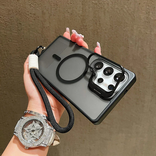 Metal Stand Camera Protector Phone Case For Samsung S25 Ultra S24 Plus S23 FE A56 A16 A36 For Magsafe Magnetic Wrist Strap Cover