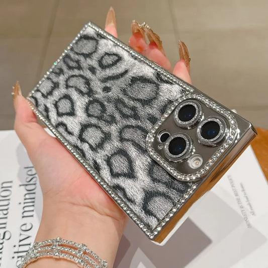 Luxury Diamond Leopard Print Pattern Phone Case For iPhone 16 15 14 13 Pro Max Plus Camera Protection Plating Shockproof Cover